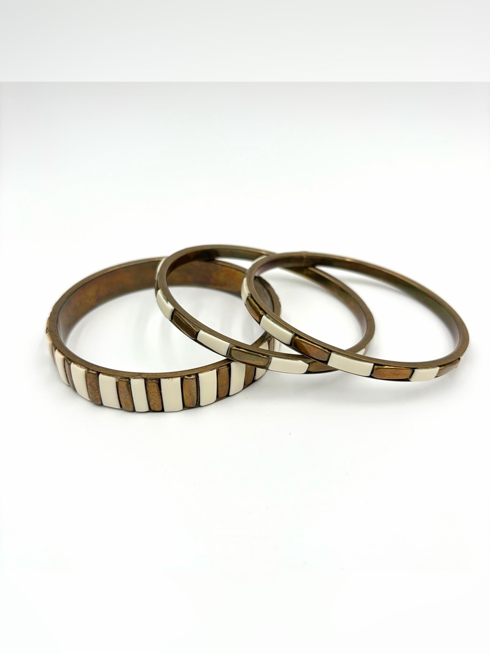 Set of 3 Vintage Bangle Bracelet Brass With Cream Inlay